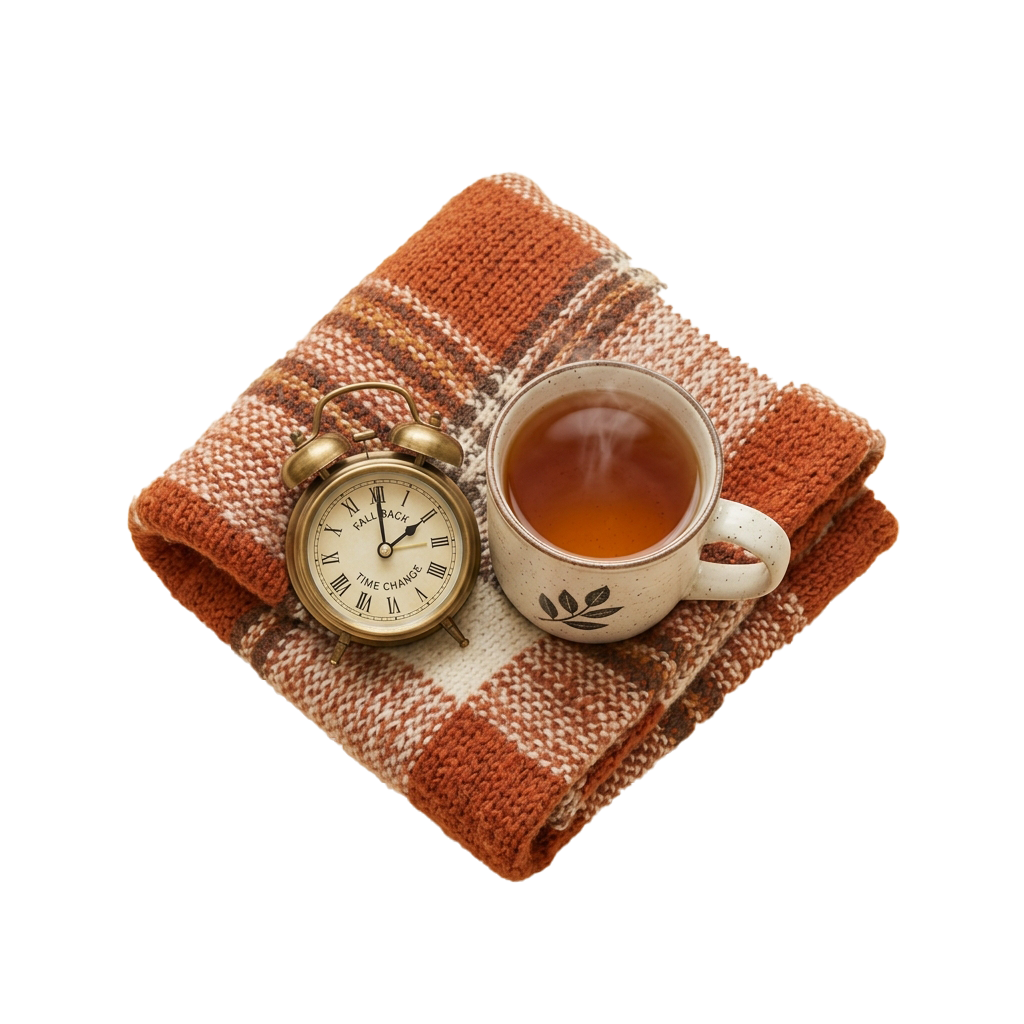 A vintage alarm clock and a cup of tea with a leaf design on a plaid towel
