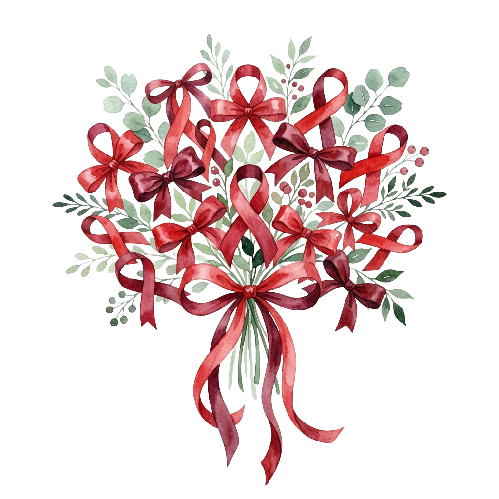 A bouquet of green foliage adorned with multiple red ribbon bows tied around stems.