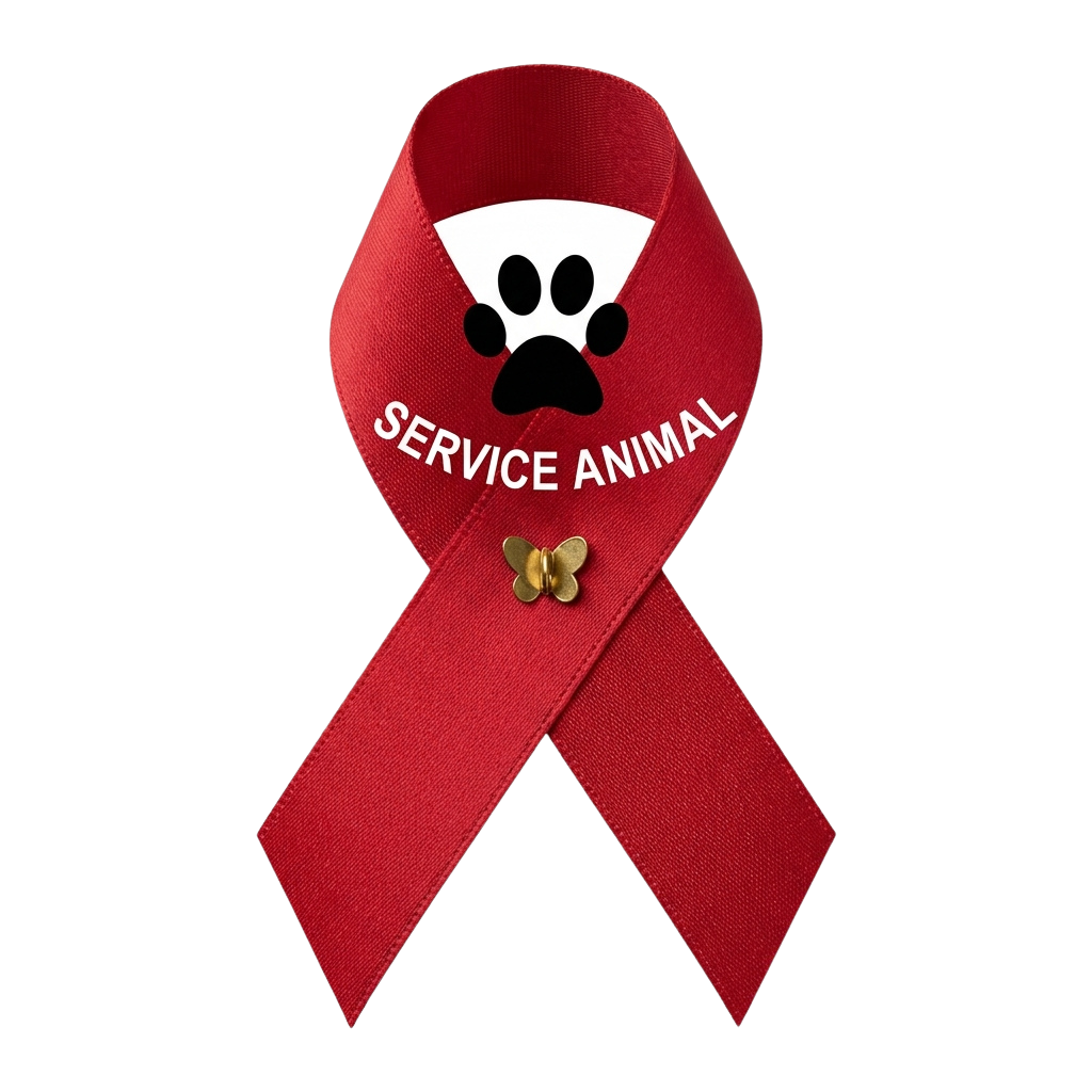 Red ribbon with white paw print and text reading Service Animal