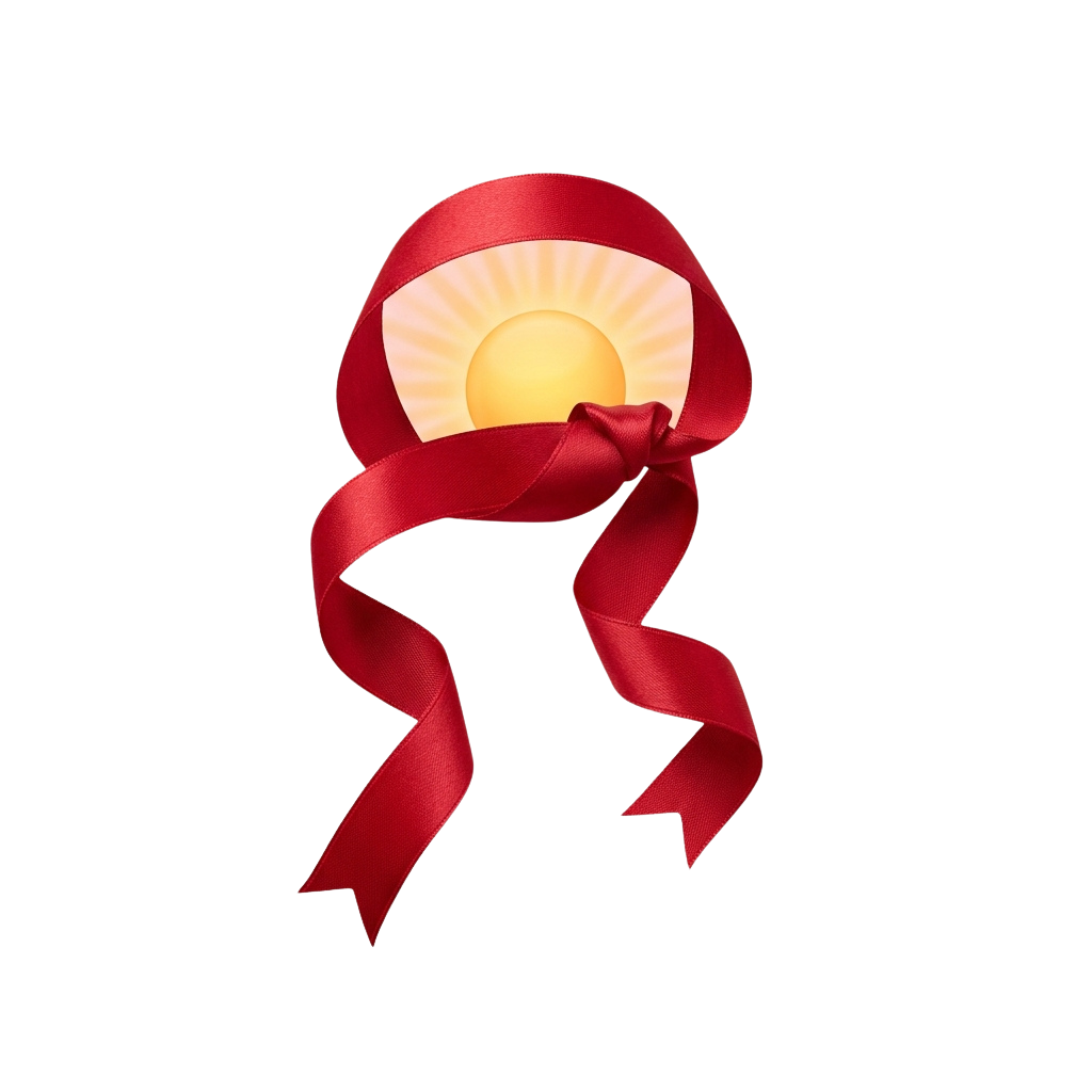 A red ribbon badge featuring a sunburst shape in the center with a yellow sun