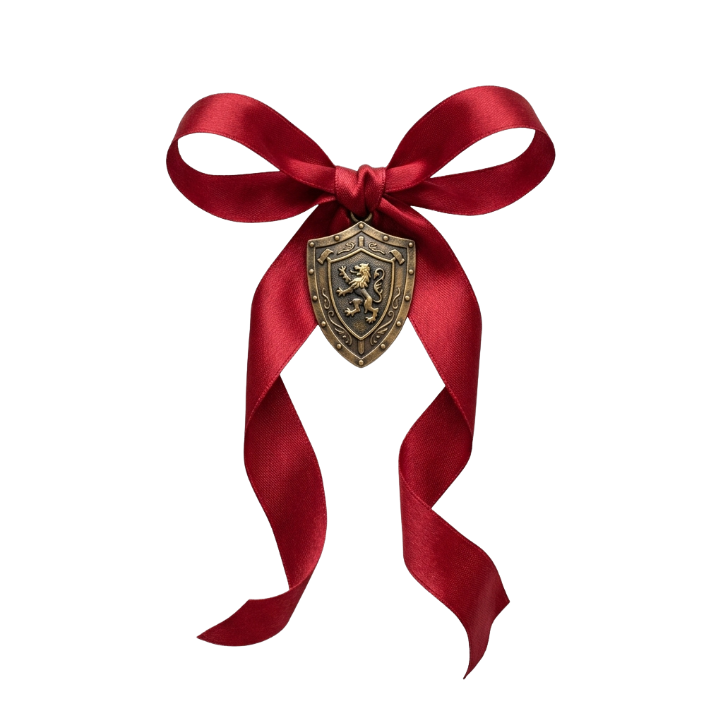 A rich red velvet bow tied with a gold shield emblem featuring a lion in the center.
