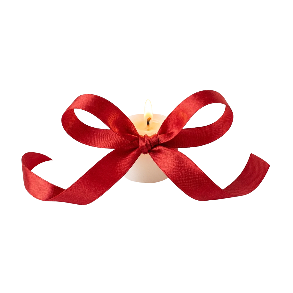 A lit candle wrapped with a red velvet bow against a black background