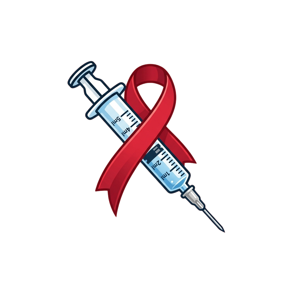 Red HIV awareness ribbon intertwined with two blue syringes on a black background
