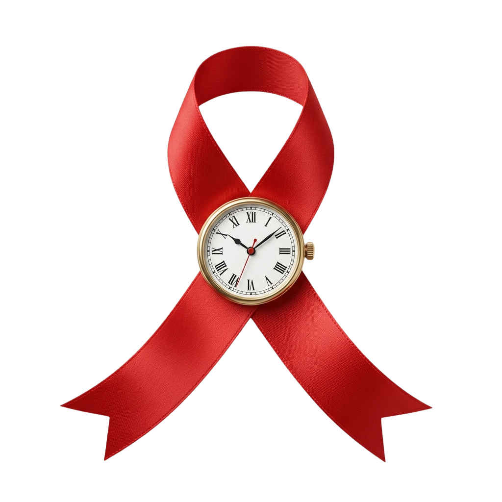 A gold wristwatch with a white face surrounded by a red awareness ribbon against a black background