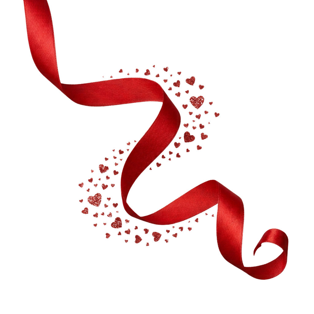 A red ribbon swirling with small red heart shapes scattered around it on a black background