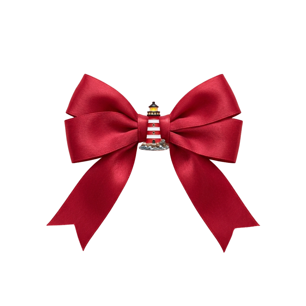 A red velvet bow tied with a decorative lighthouse charm in the center