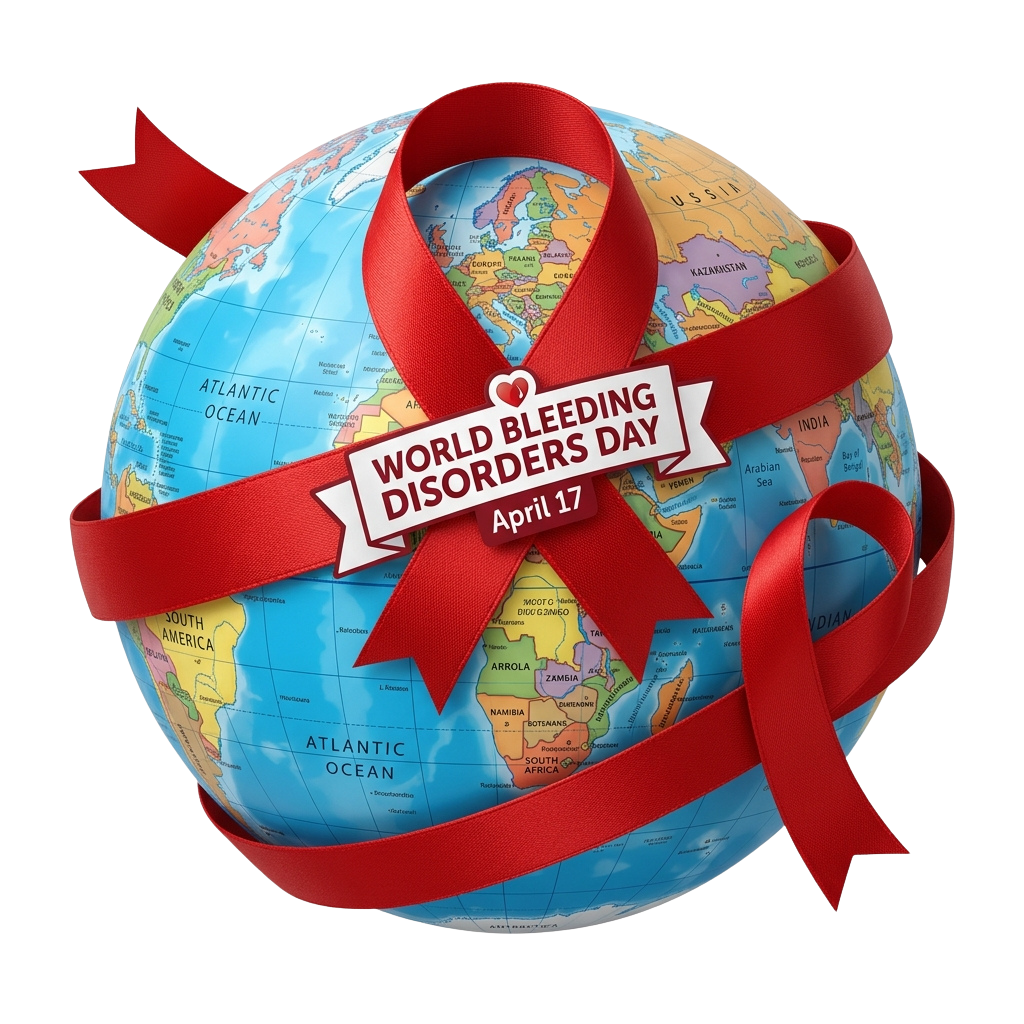 Globe wrapped with red ribbon displaying World Bleeding Disorders Day April 17 text