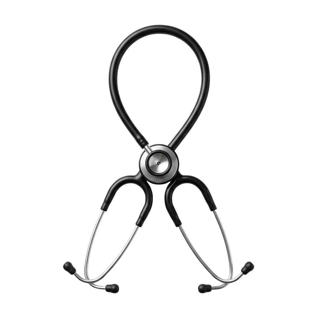 A black wireless stethoscope resting on a matching stand holder with a circular base and two ear tips.