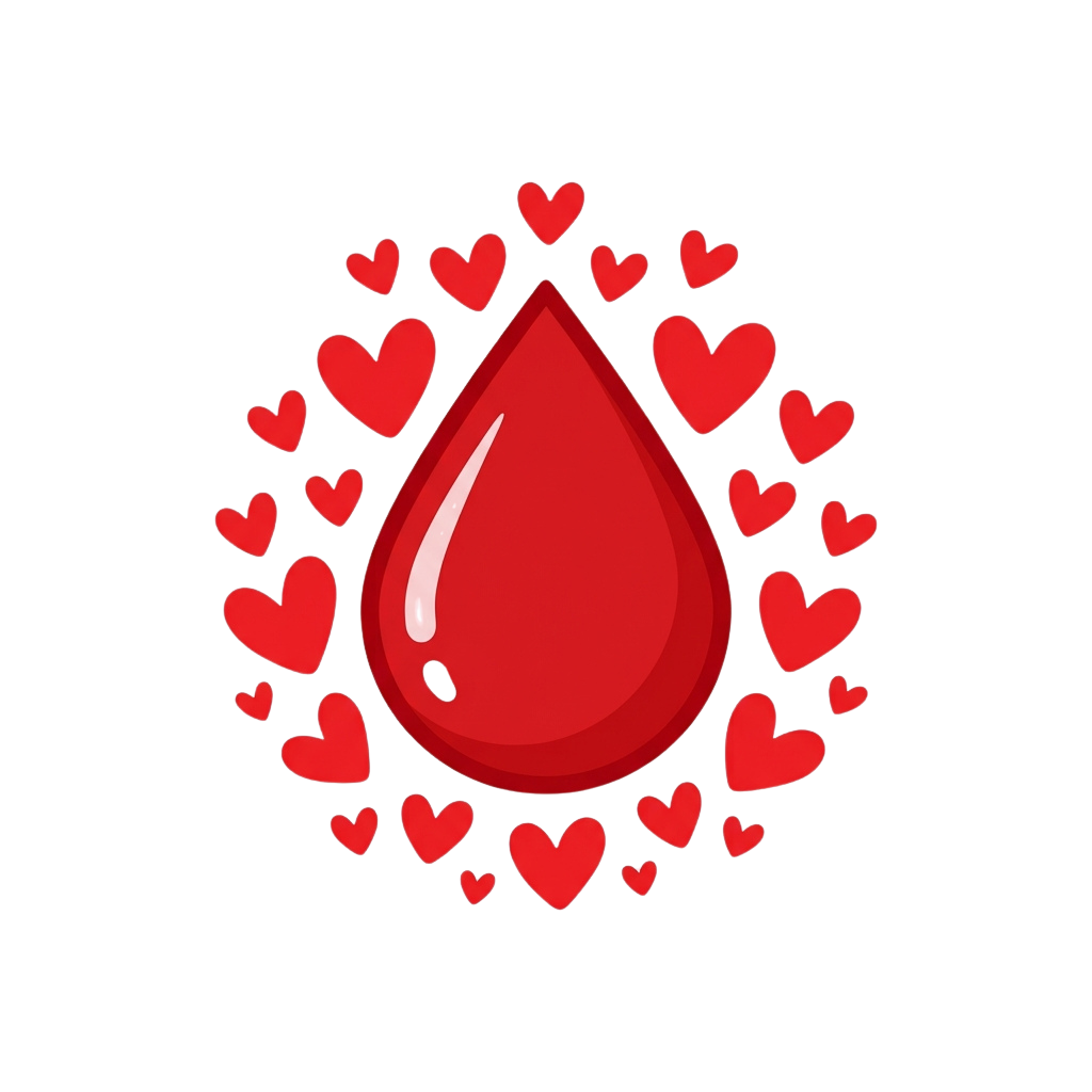 A red blood drop in the center surrounded by smaller red hearts on a black background