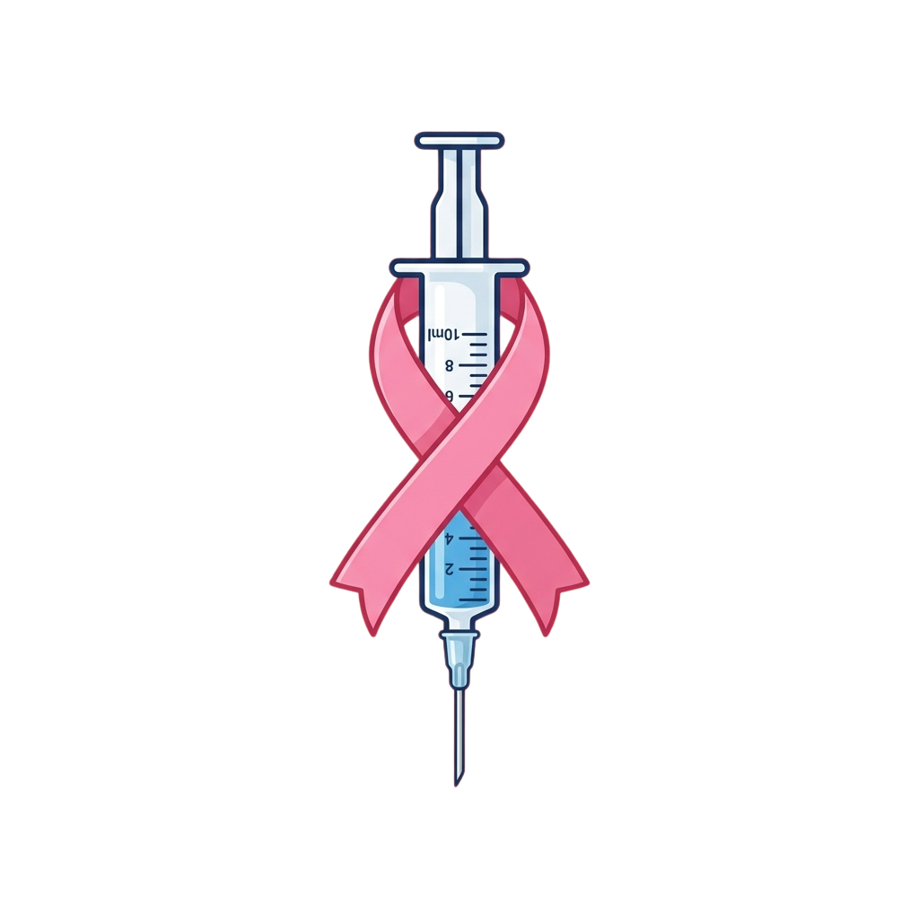 Two syringes crossed with a pink ribbon symbol in the middle
