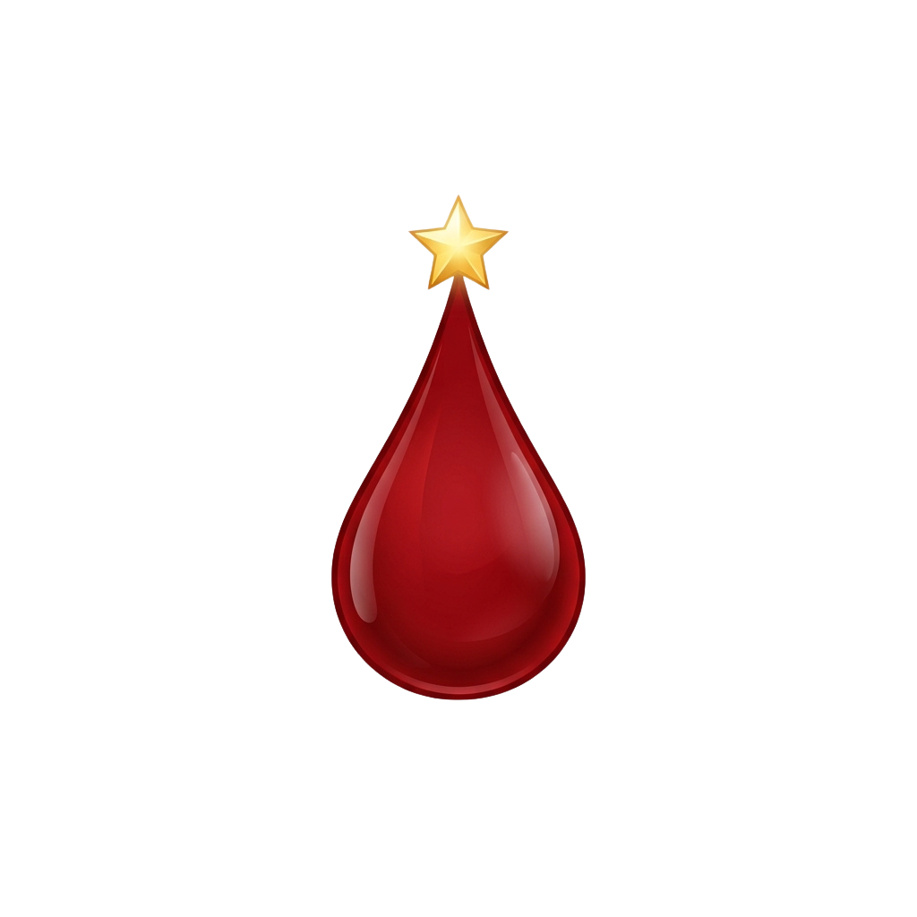 A red teardrop-shaped Christmas ornament with a gold star on top against a black background