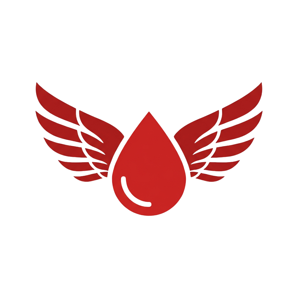 Red graphic of a teardrop with stylized wings on each side