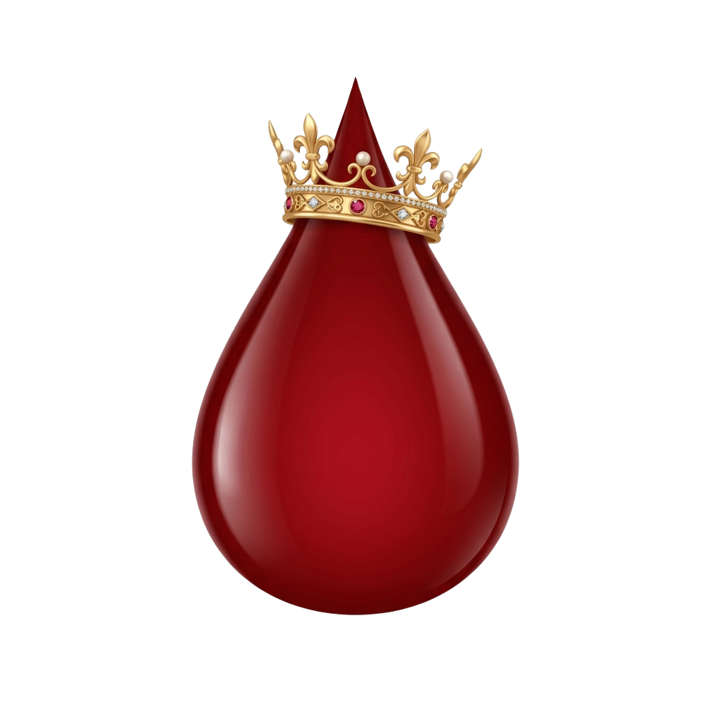 A red wine glass with a golden crown on top against a black background