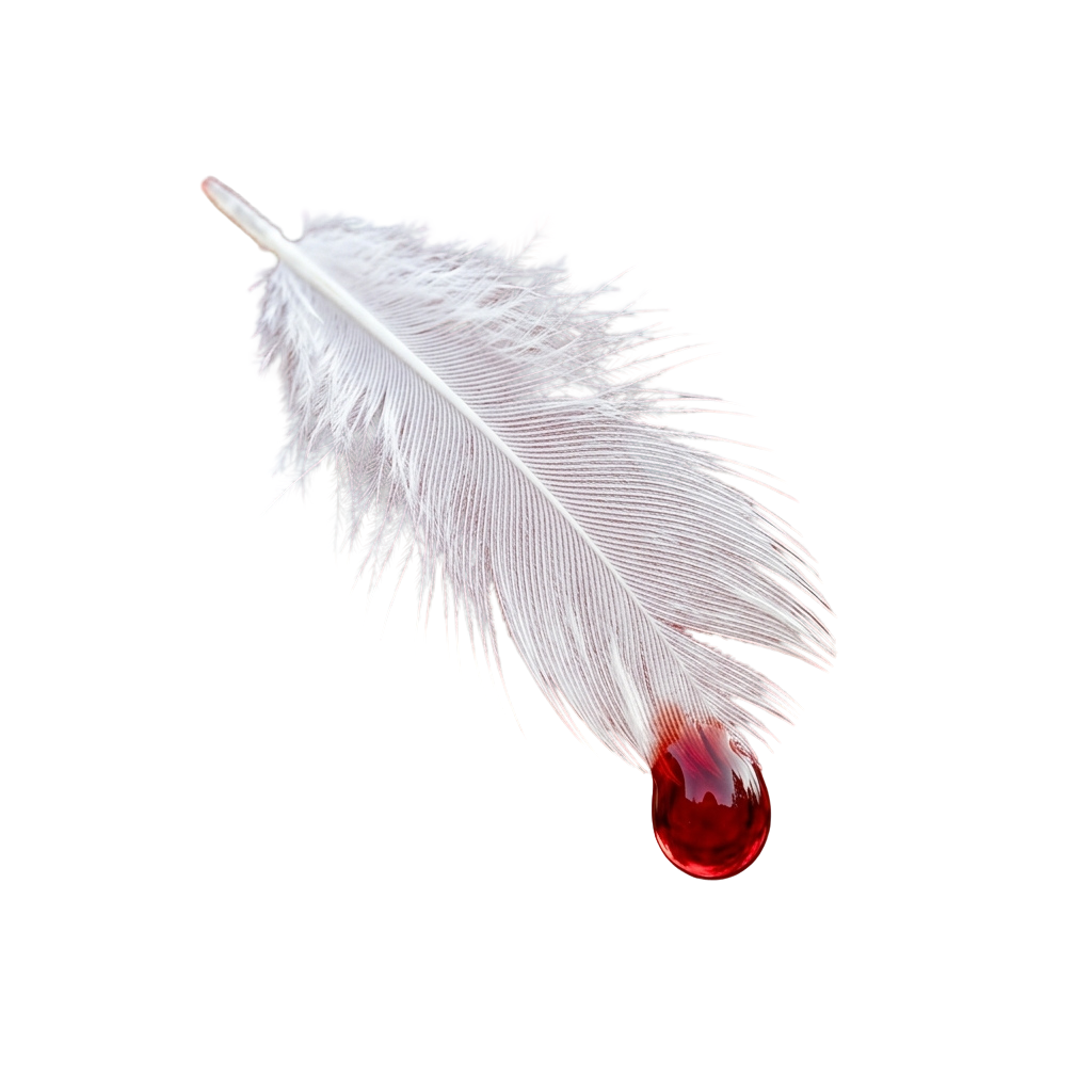 A white feather with a red liquid droplet at its tip against a black background