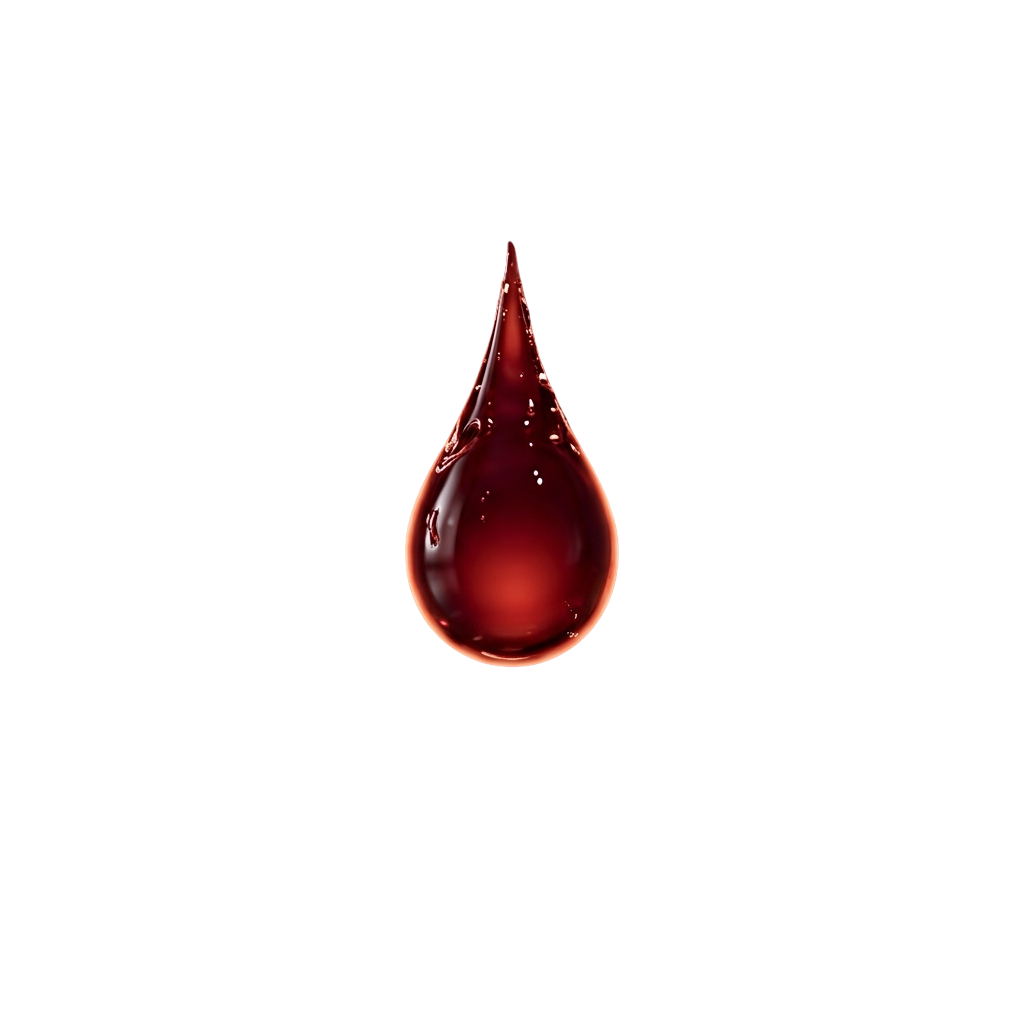 A single teardrop-shaped red liquid droplet hanging against a black background