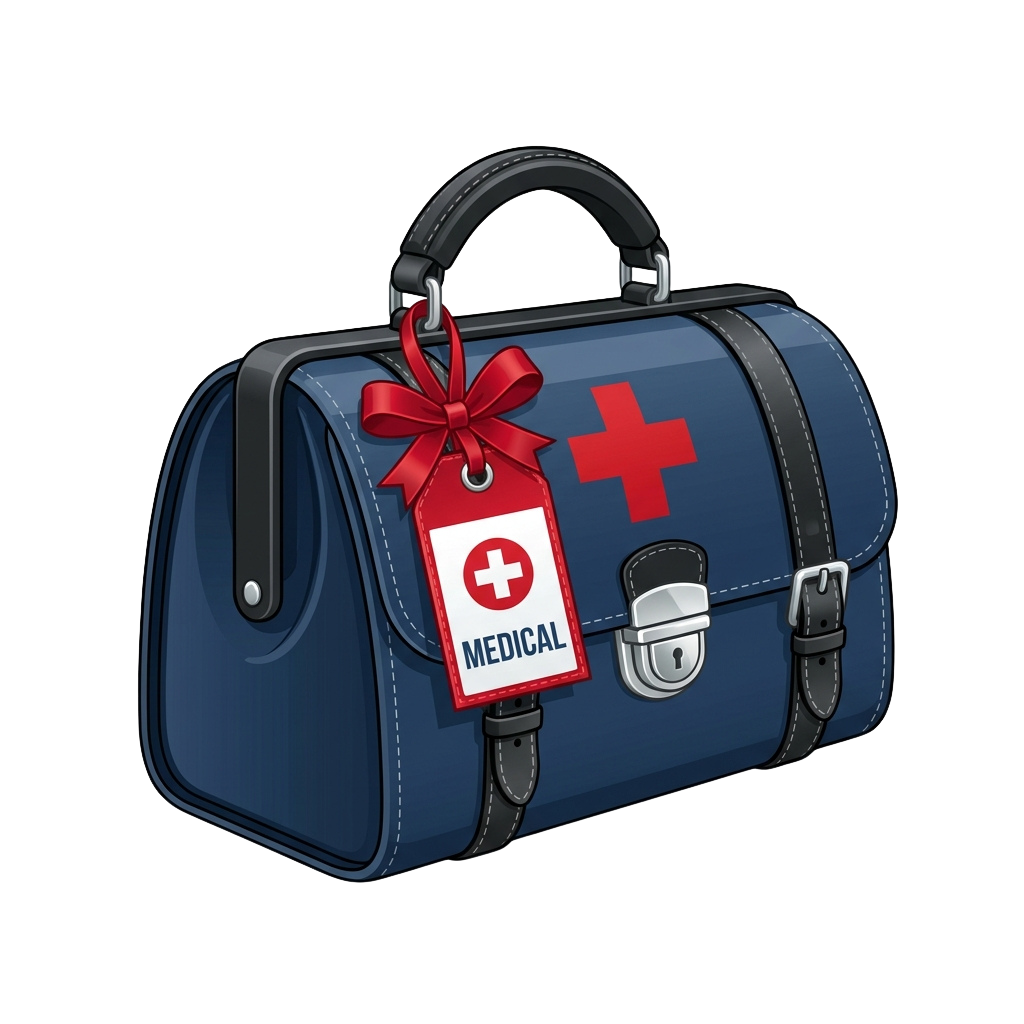 Blue briefcase labeled Medical with red cross symbol and bow on handle