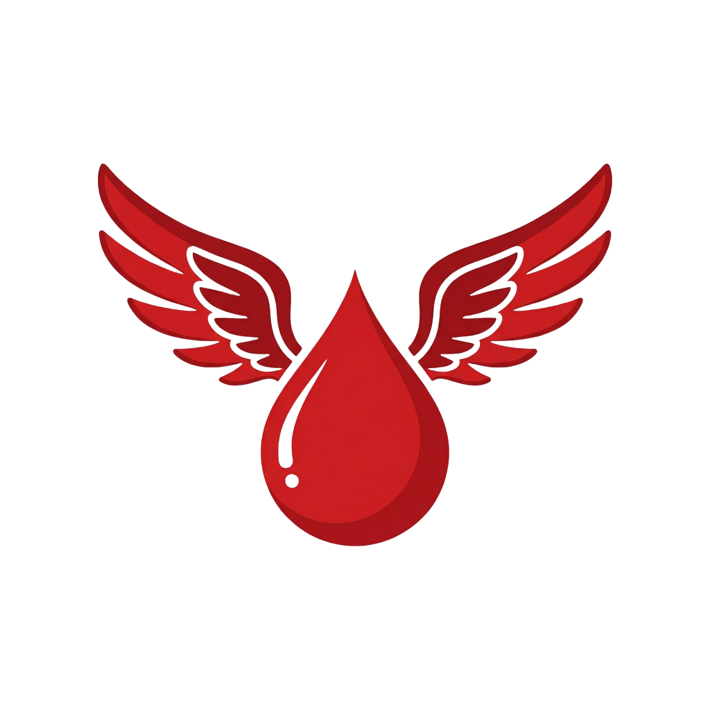 A red teardrop shape with stylized red wings on either side against a black background
