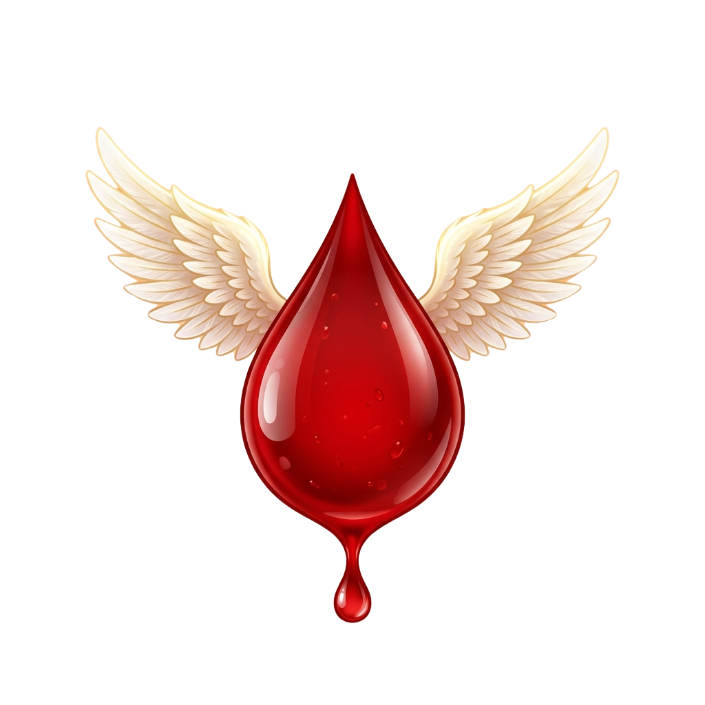 A pair of golden angel wings with a dripping red blood teardrop between them against a black background