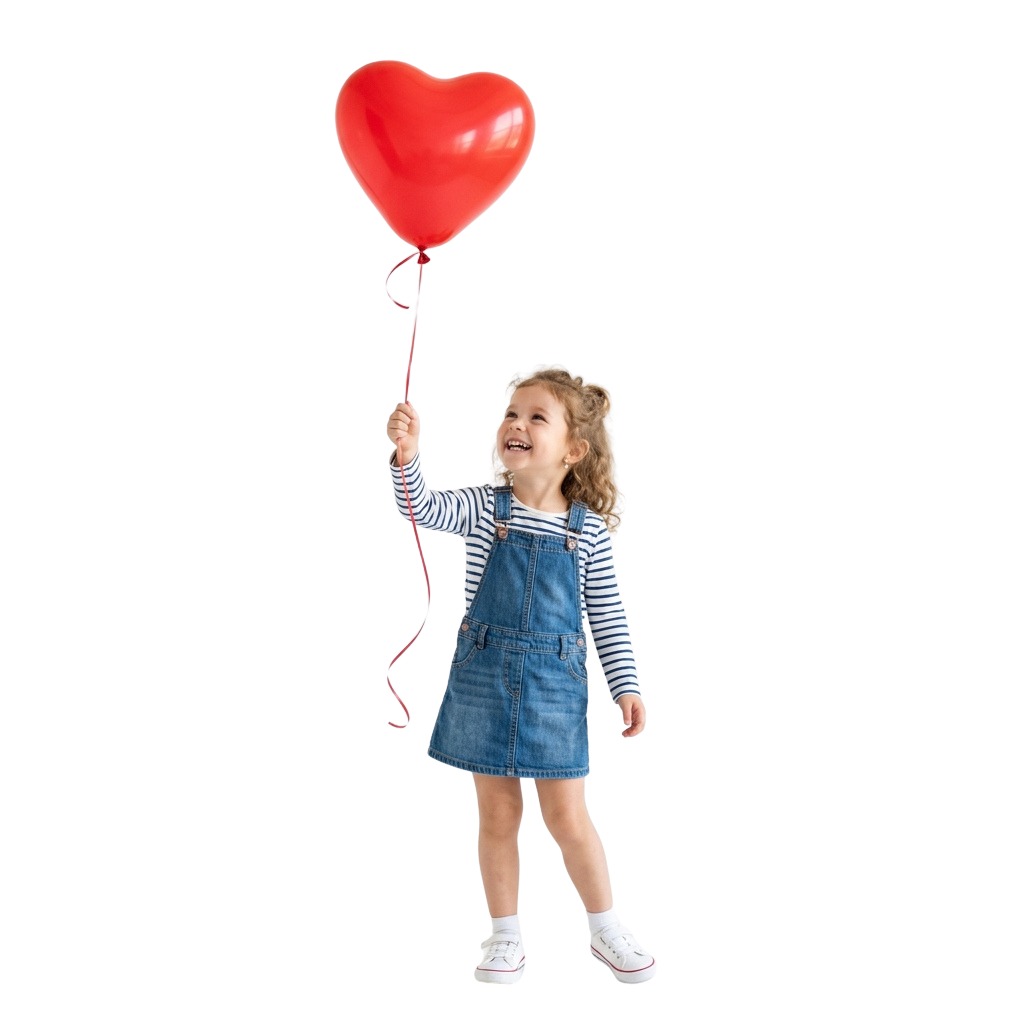 A smiling child holding a red heart-shaped balloon with a pink string