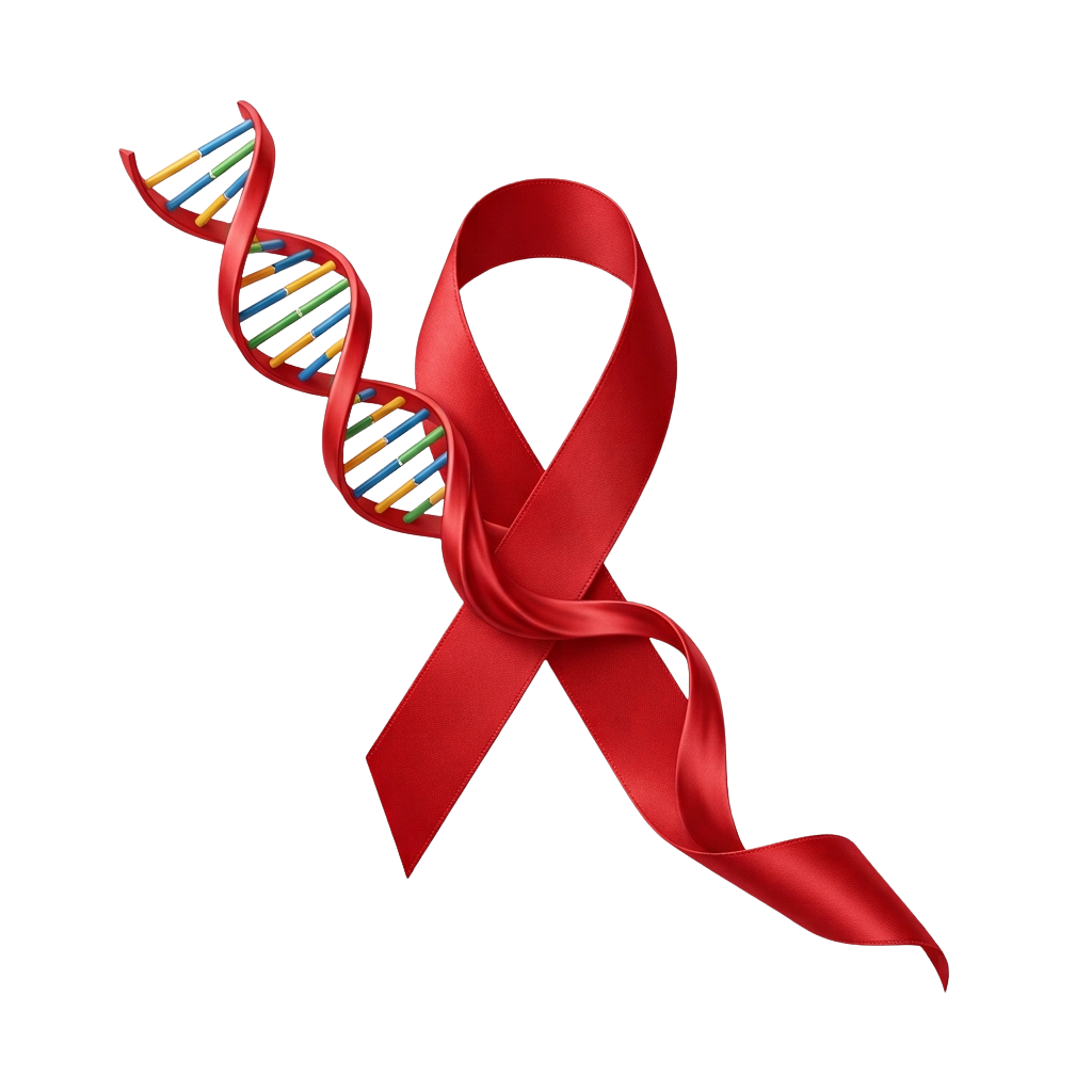A red awareness ribbon intertwined with a colorful DNA helix against a black background