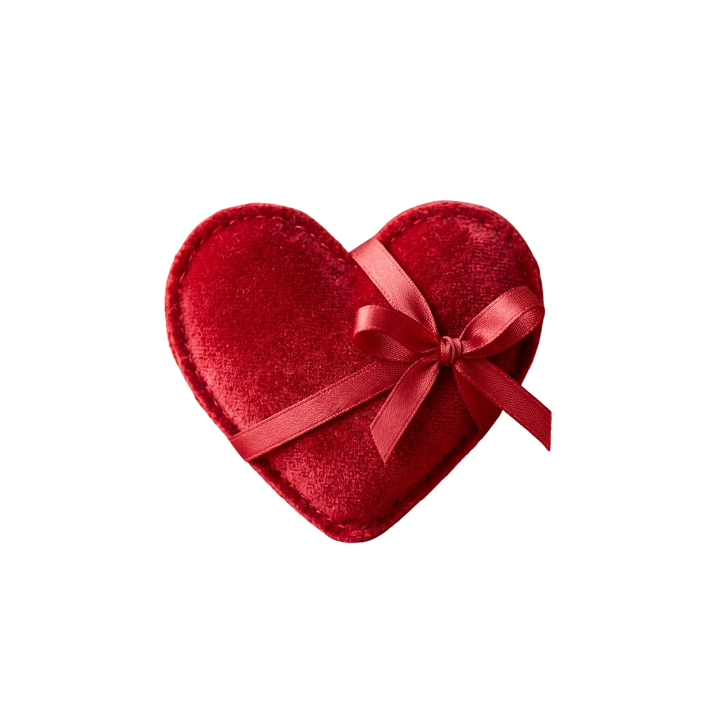 A heart-shaped velvet box tied with a red satin ribbon bow on black background