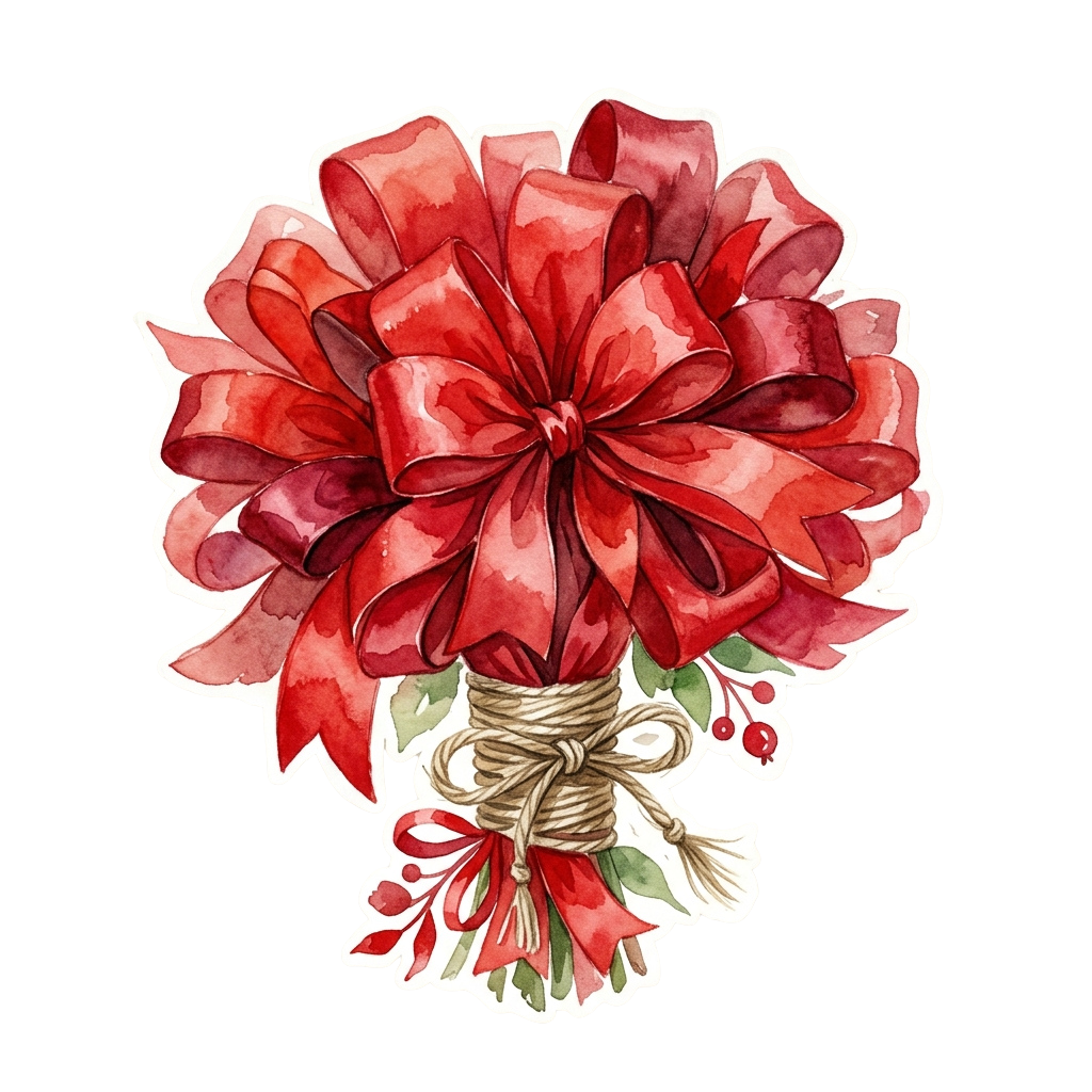 Watercolor illustration of a red poinsettia with twine-wrapped stem and decorative bow