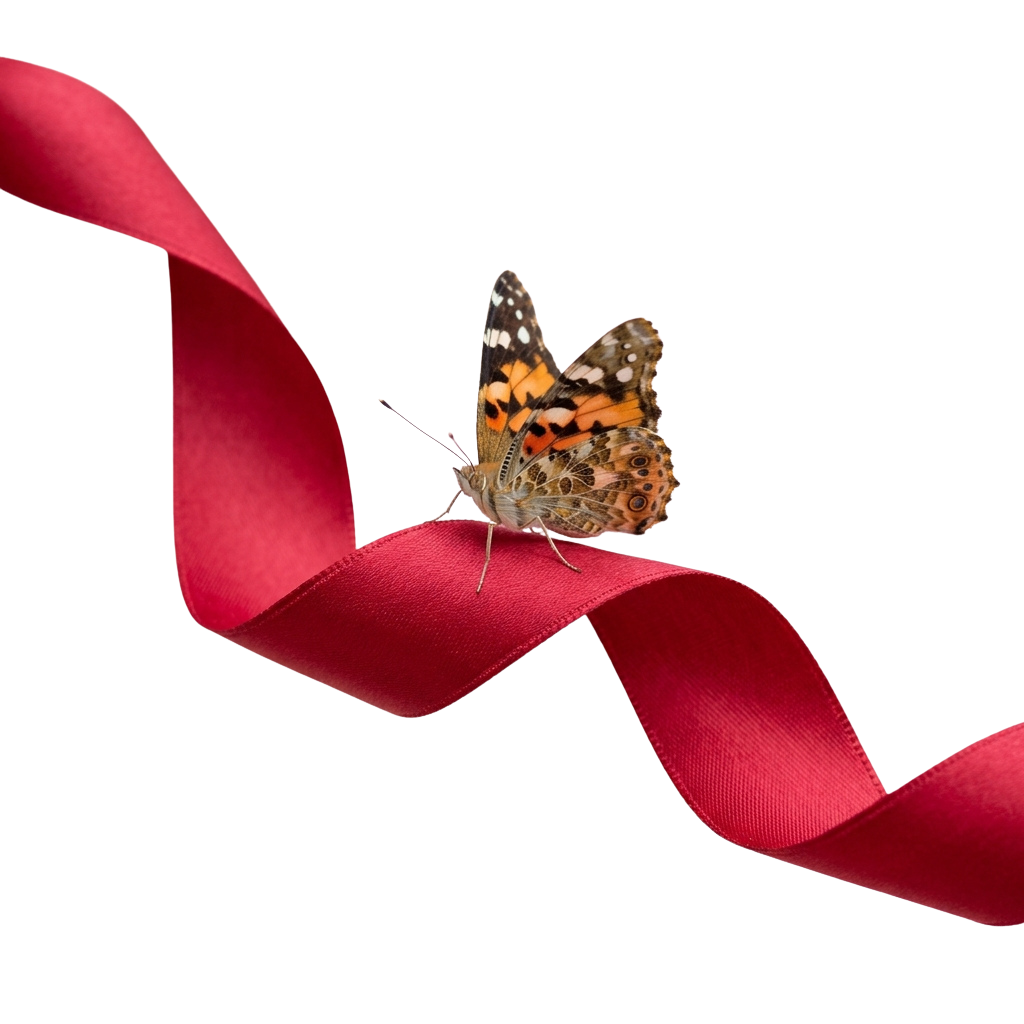 A butterfly with orange and black wings perched on a red ribbon against a dark background