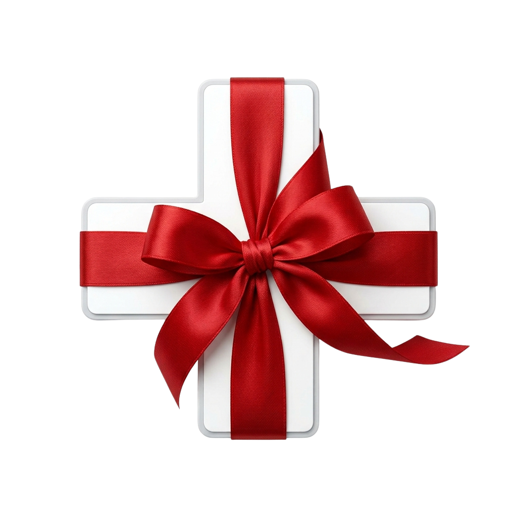 A white gift box tied with a red velvet ribbon bow against a black background