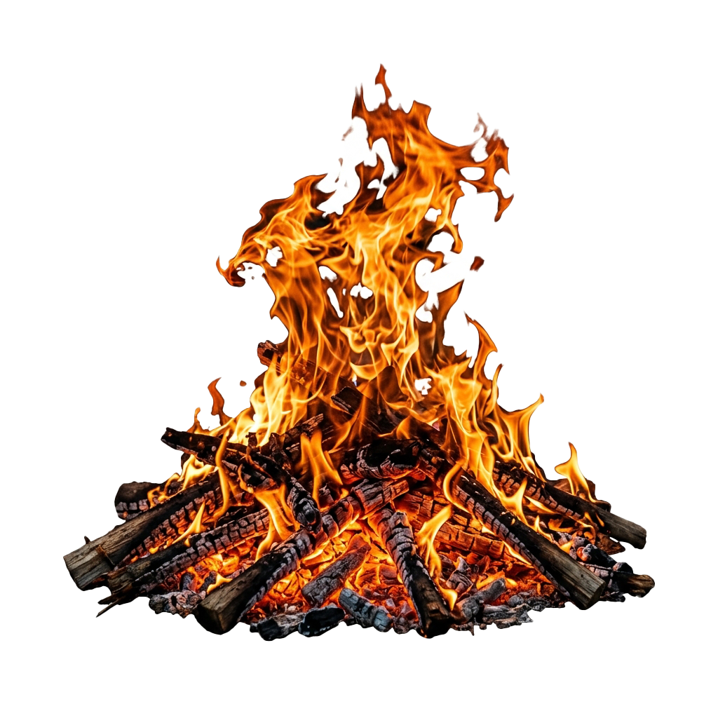 A vibrant campfire with bright orange and yellow flames consuming charred logs