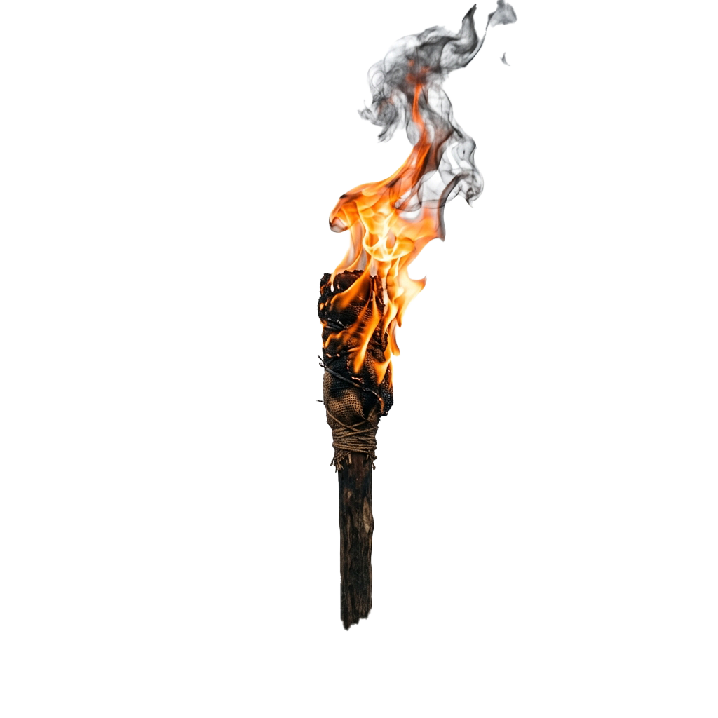 A burning torch with bright orange and white flames against a black background