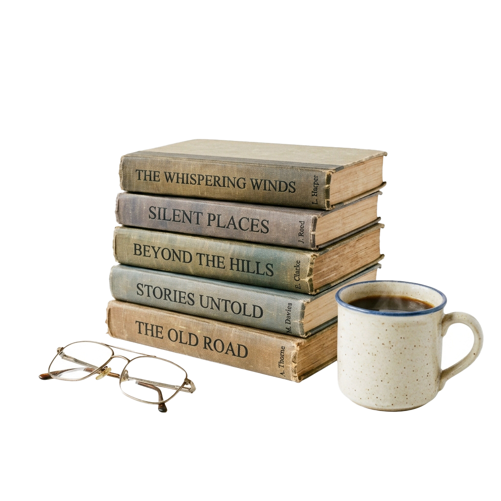 Stack of five vintage-style books with titles, a ceramic mug, and a pair of glasses on a dark background