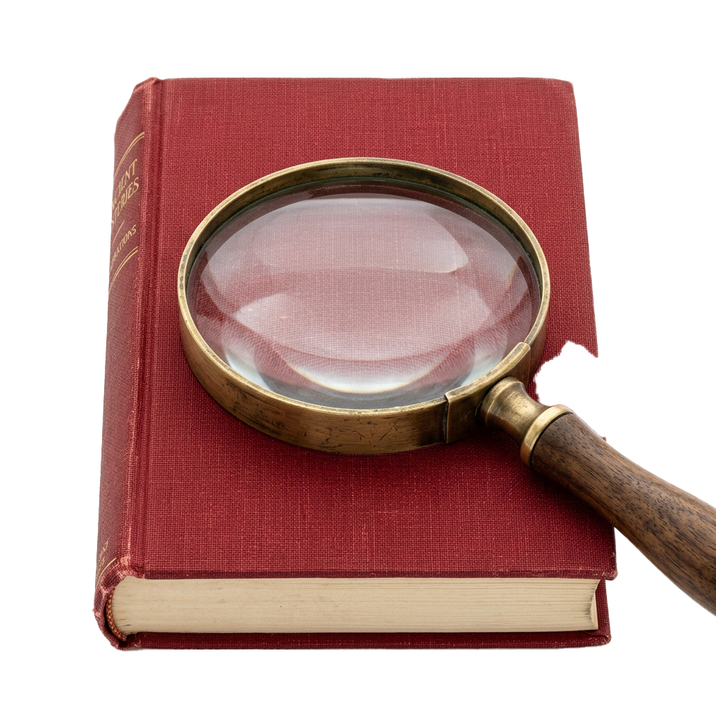 A magnifying glass hovering over a red book cover, focusing on the text