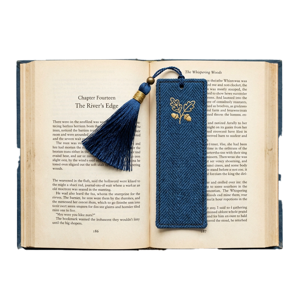 An open book showing a bookmark with a tassel and embroidered oak leaf design placed between pages.