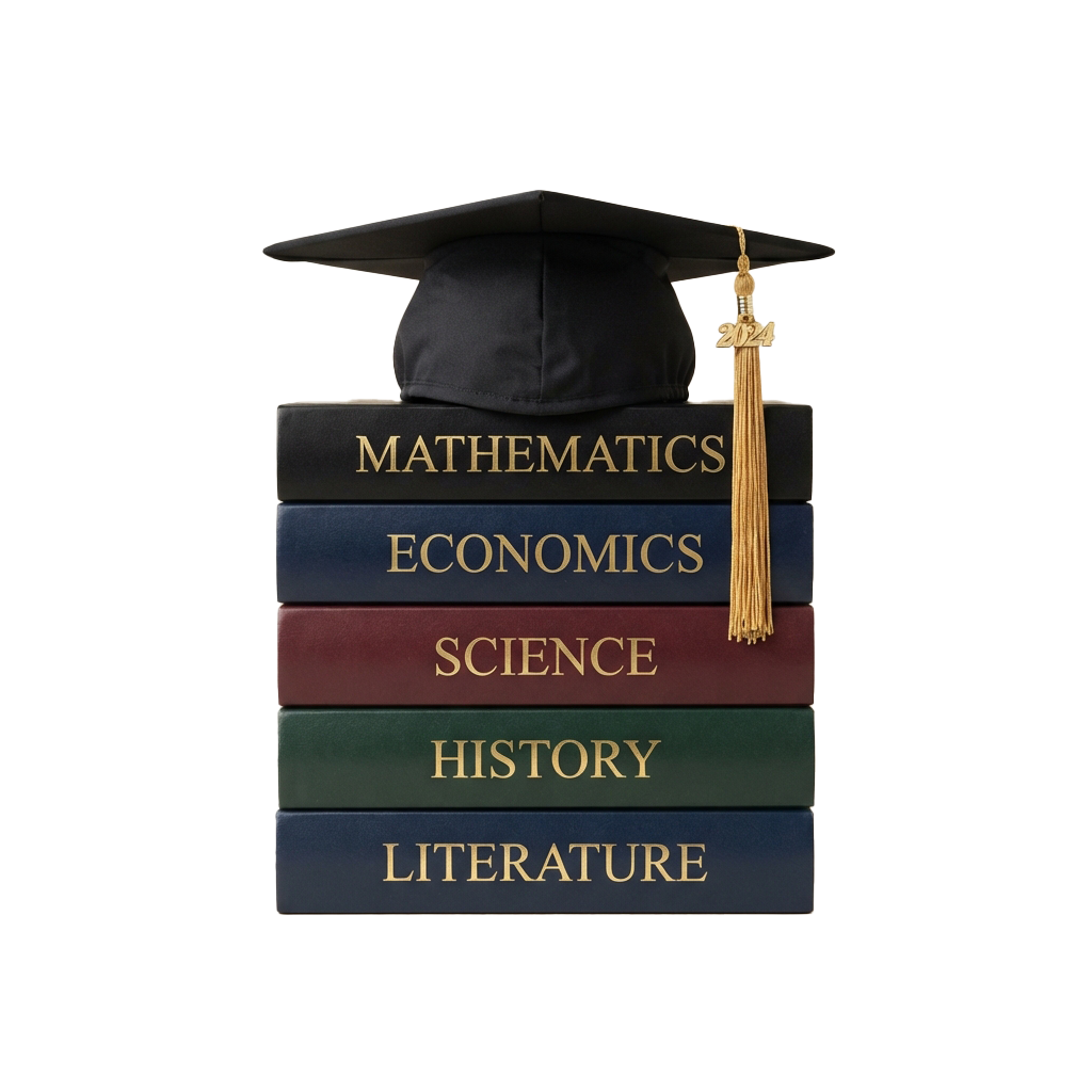 Graduation cap placed atop five books labeled Mathematics, Economics, Science, History, and Literature