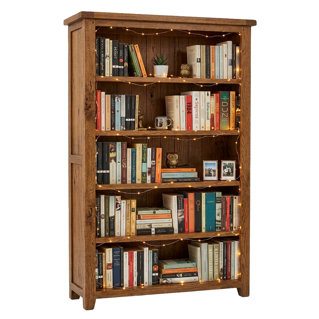 A wooden bookshelf filled with books, small decor items, and warm LED string lights.