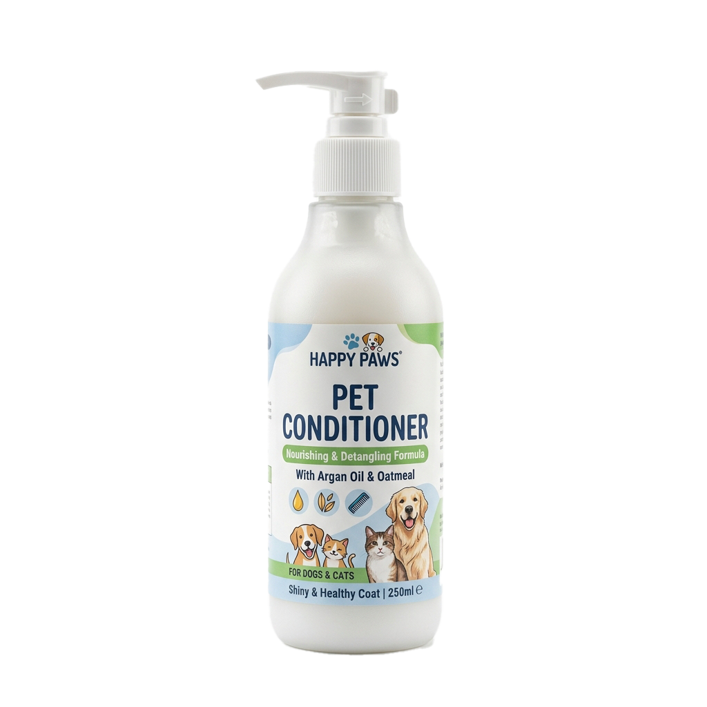 Bottle of pet conditioner for dogs and cats featuring a pump dispenser and images of pets on the label