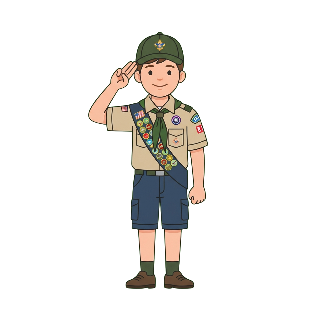 Illustration of a boy scout character saluting in uniform with badges and a green cap
