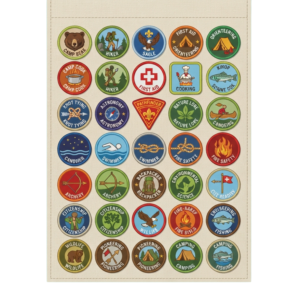 Collection of scout badges depicting various outdoor skills and activities like camping, hiking, first aid, and swimming
