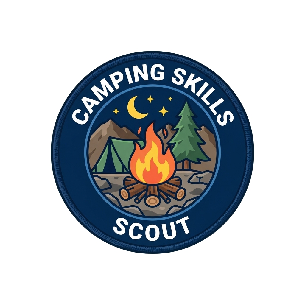 Camping Skills Scout badge showing a campfire, tent, pine tree, and mountains under a crescent moon
