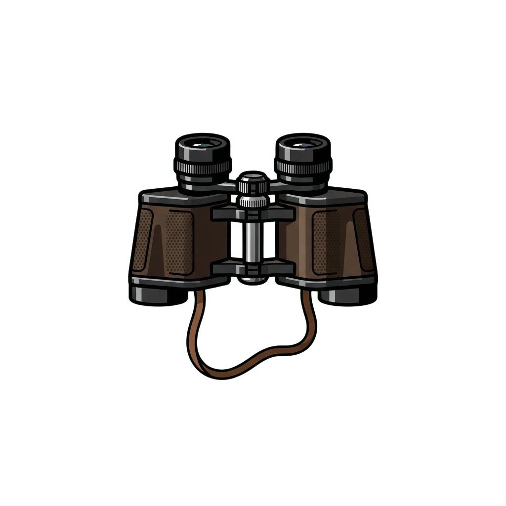 A pair of brown binoculars with a neck strap, shown against a dark background