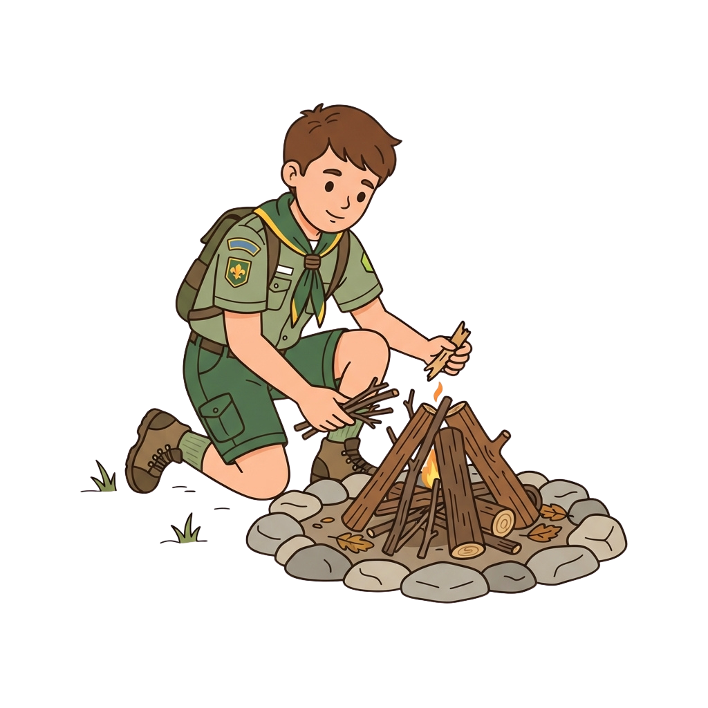 Boy in scout uniform arranging sticks to build a small campfire on rocks