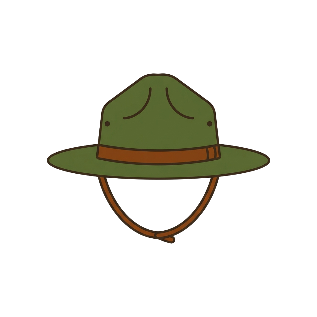 Illustration of a green scout ranger hat with a brown leather band and chin strap