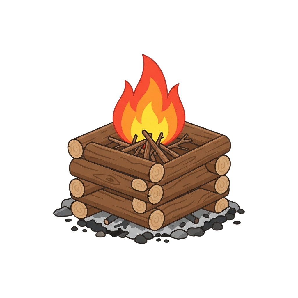 Illustration of a campfire with logs burning and flames rising
