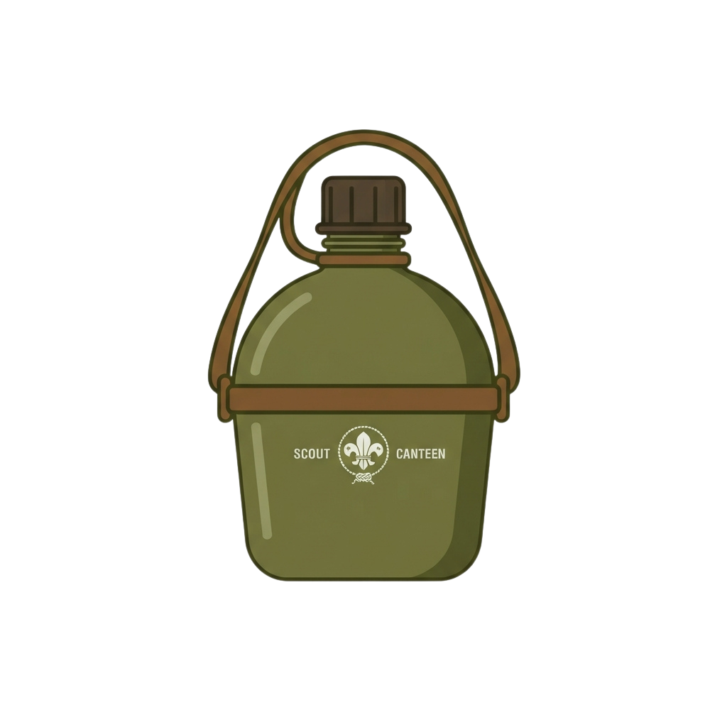 Illustration of a green scout canteen bottle with brown straps and a scout emblem label