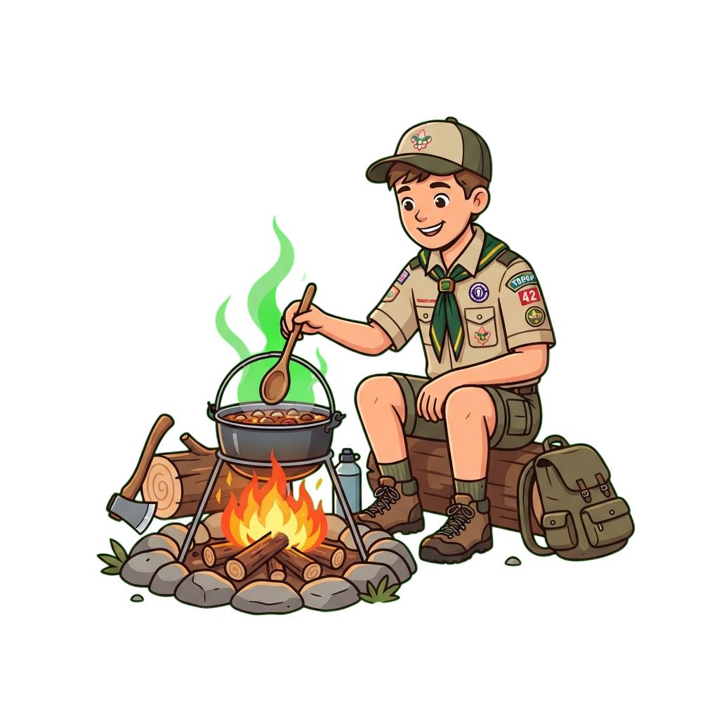 Boy in scout uniform cooking stew over a campfire with green glowing flames
