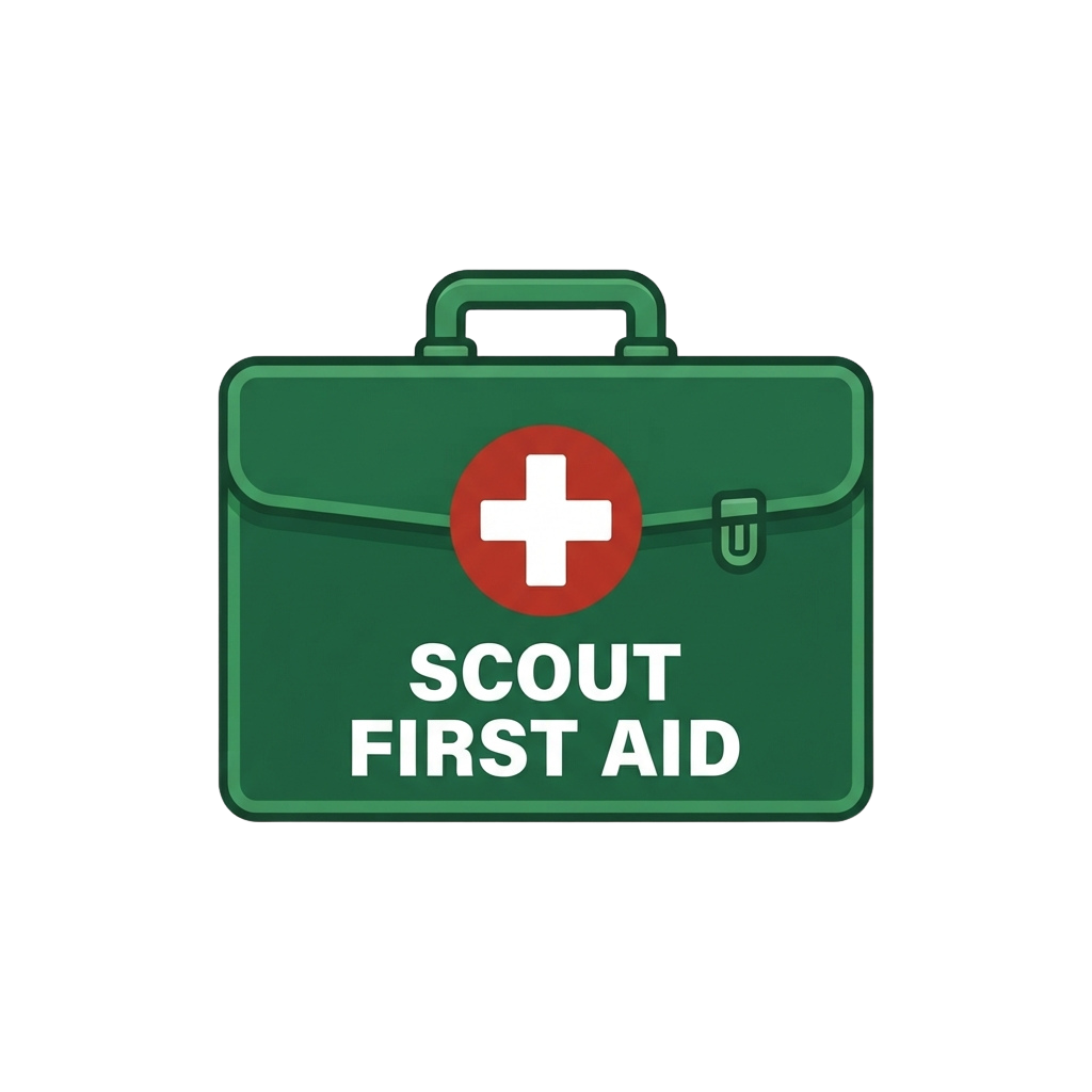 Green briefcase with a red cross symbol labeled Scout First Aid