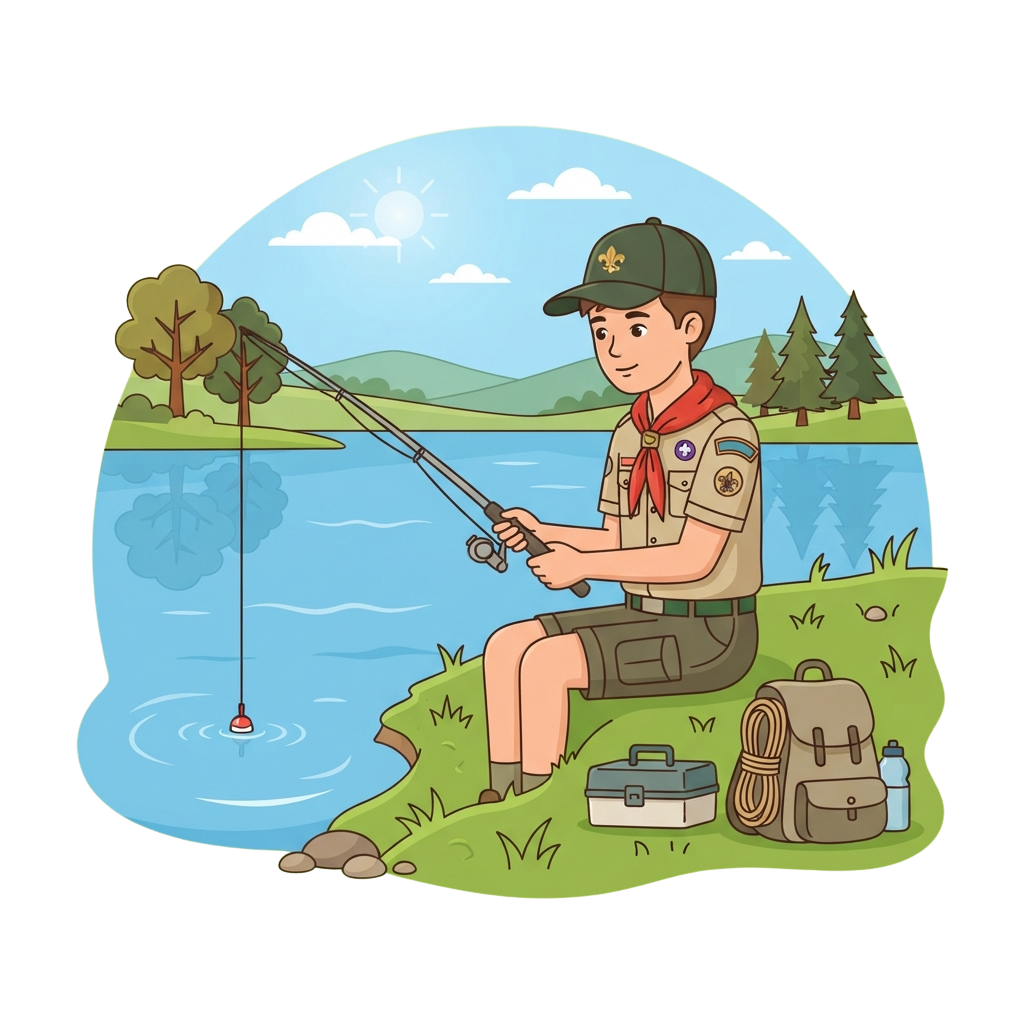 A boy scout sitting by a lake, fishing with a rod on a sunny day