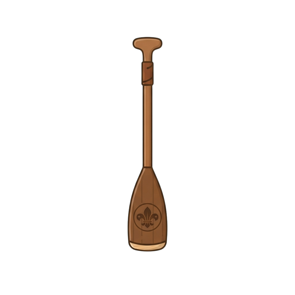 A wooden paddle featuring a carved floral emblem on the blade and a rounded handle