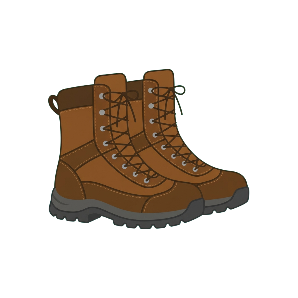 Pair of brown lace-up hiking boots with thick treaded soles against a dark background