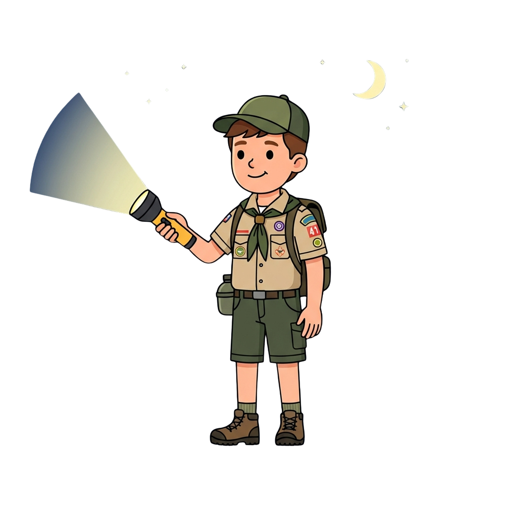 Illustration of a boy scout in uniform holding a flashlight under a starry night sky with a crescent moon